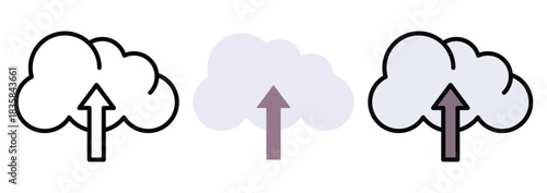 Cloud Upload Vector Icon Set in Outline, Colour And Flat Style