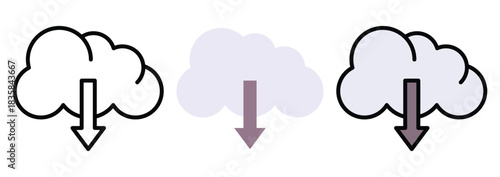 Cloud Download Vector Icon Set in Outline, Colour And Flat Style