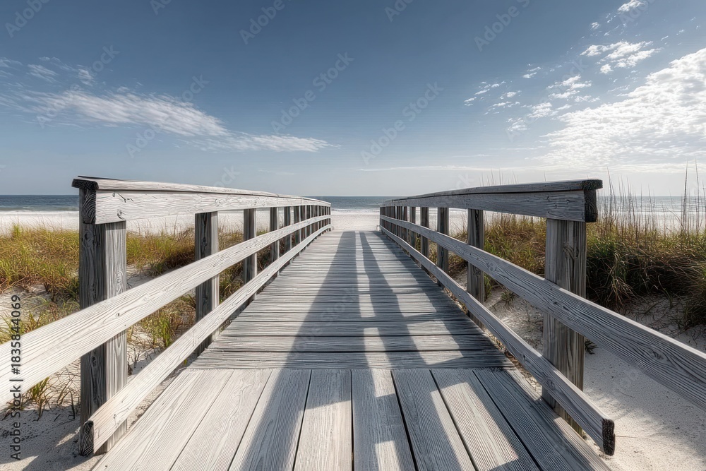 Fototapeta premium wooden boardwalk stretching towards a sandy beach with sea grass under a bright blue sky with scattered clouds