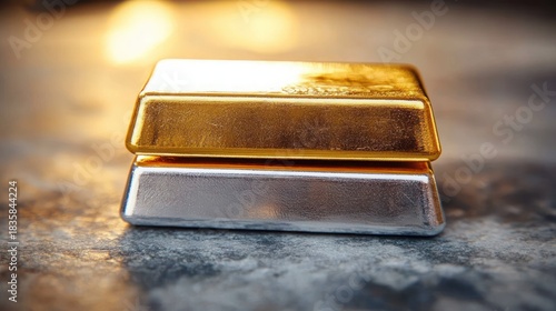 Close-up of stacked shiny gold and silver bars on textured surface with warm glowing light in background