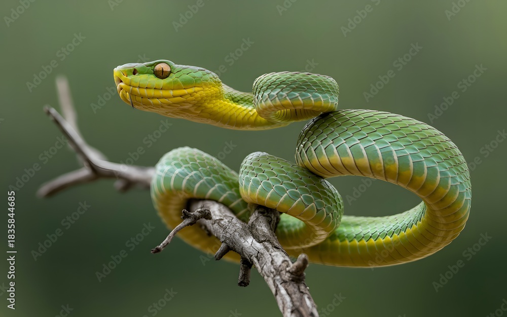 Fototapeta premium Closeup of a bright green and yellow snake coiled on a branch