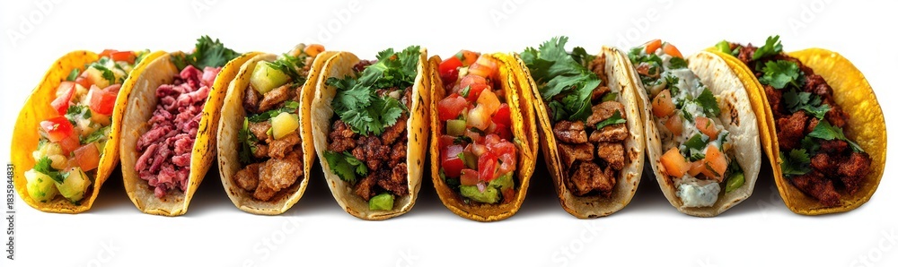 custom made wallpaper toronto digitalRow of nine assorted tacos with various meats, vegetables, fresh cilantro, salsa, and garnishes on soft corn tortillas against a white background