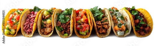 Wallpaper Mural Row of nine assorted tacos with various meats, vegetables, fresh cilantro, salsa, and garnishes on soft corn tortillas against a white background Torontodigital.ca