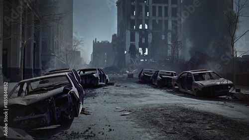 deserted city street with burned cars and ruined tower