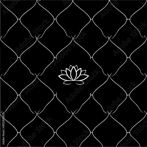 Black background with white lotus flower and diamond pattern for meditation and yoga practices design