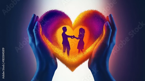 silhouettes of a couple holding hands inside a glowing heart shape held gently by two large hands symbolizing protection and love