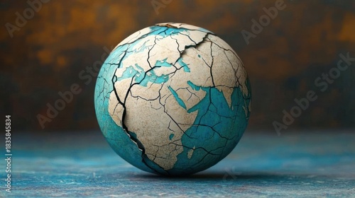 A cracked globe showing earth's continents with visible fractures symbolizing fragility and environmental distress