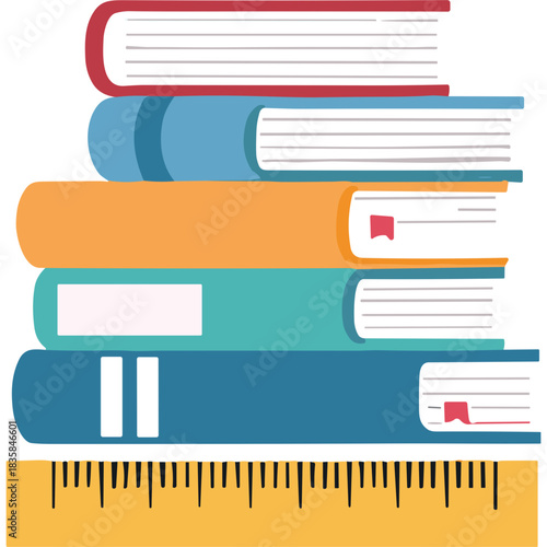 Stack of Colorful Books Ranging From Red Blue Orange and Teal With a Yellow Ruler Below Against a White Background Ideal For Educational Or Literary Concepts
