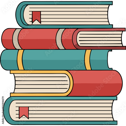 Stack of Five Hardcover Books With Red Teal and Yellow Spines and Page Markers Isolated On Black Background
