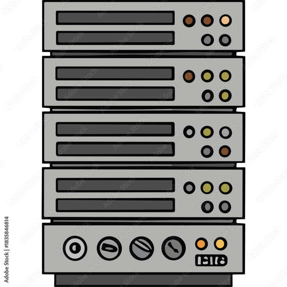 Fototapeta premium Stacked Computer Server Racks With Indicator Lights And Control Dials On A Black Background In A Data Center Environment
