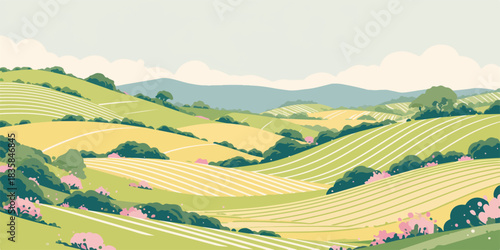 Vector illustration of a serene spring landscape featuring rolling green and yellow agricultural fields, distant mountains, and pink blossoms.