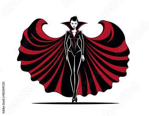 Stylish Female Vampire Character with Dramatic Red and Black Flowing Cape Illustration