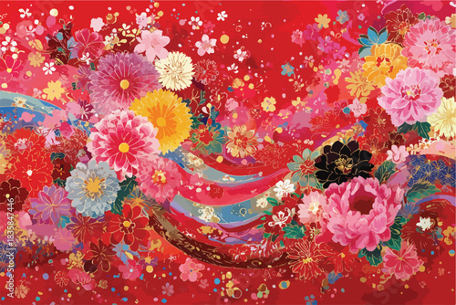 Vibrant vector illustration featuring a lavish display of traditional Japanese flowers and flowing ribbons on a rich red background, symbolizing celebration and prosperity.