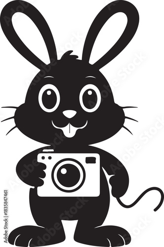 Black cartoon bunny rabbit holding a white digital camera with a happy expression vector