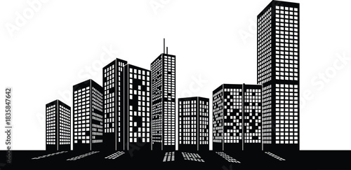 Black and white city skyline silhouette, urban architecture, modern high rise buildings, night cityscape, downtown skyscrapers, metropolitan skyline, city lights