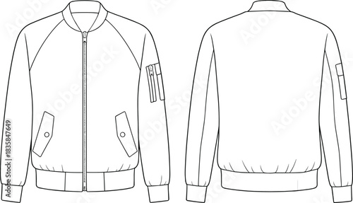 Bomber jacket flat sketch front and back view, technical fashion drawing, apparel design template, ribbed collar cuffs hem, vector illustration