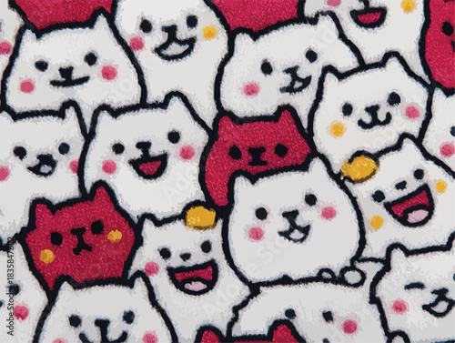 Cute cartoon cat pattern with happy expressions, featuring white and red felines for playful designs and backgrounds.