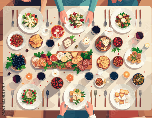 Top-Down View of Friends and Family Enjoying a Festive Holiday Dinner Spread with Appetizers and Wine. Generated image