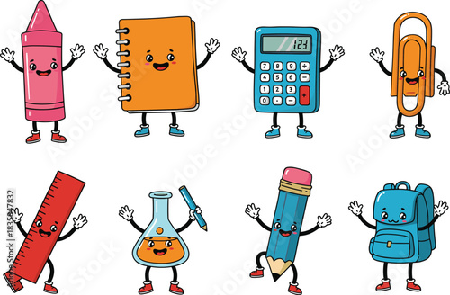 Cartoon school supplies characters, happy crayon, smiling notebook, cute calculator, funny ruler, backpack, pencil, paperclip, laboratory flask, education illustration