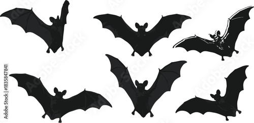 Bat silhouette illustration, flying bats isolated, Halloween bat vector, spooky animal shapes, wildlife silhouette art, dark night creatures, gothic design