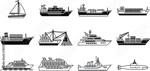Collection of various boats, ships, yacht, submarine, cargo vessel, cruise liner, ferry, fishing trawler, naval ship, detailed marine illustration
