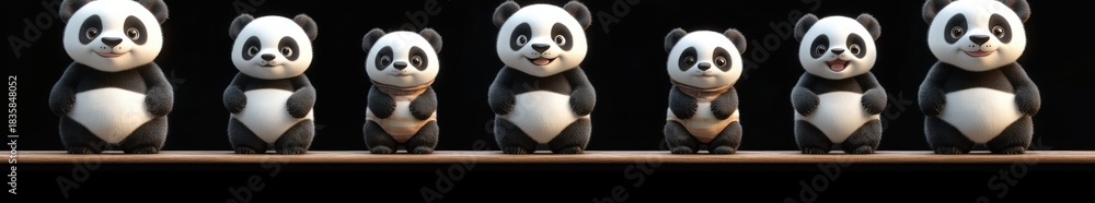 Obraz premium Seven cute cartoon panda bears standing in a row on a flat surface against a black background with happy expressions and varied poses