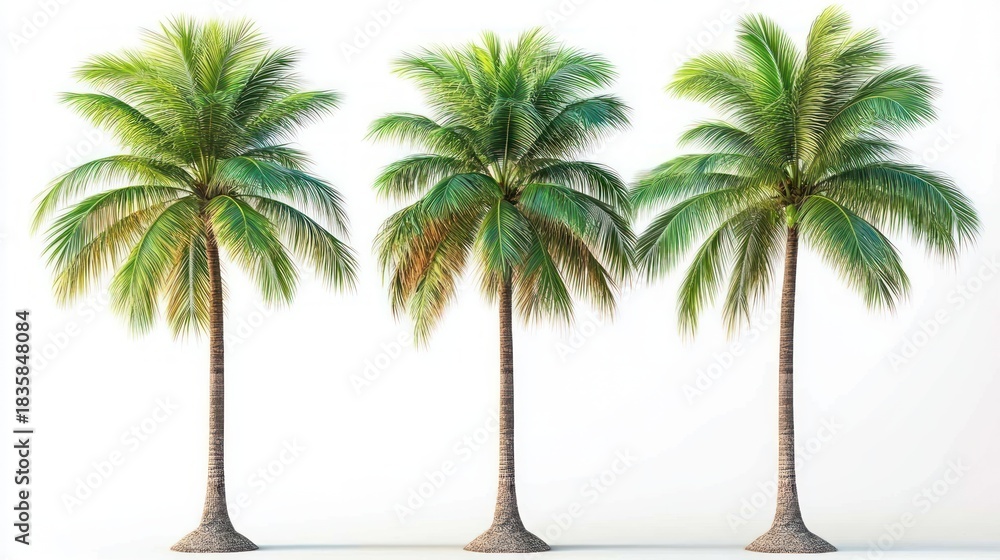 Obraz premium Three tall green palm trees with lush fronds standing evenly spaced on a light surface against a white background
