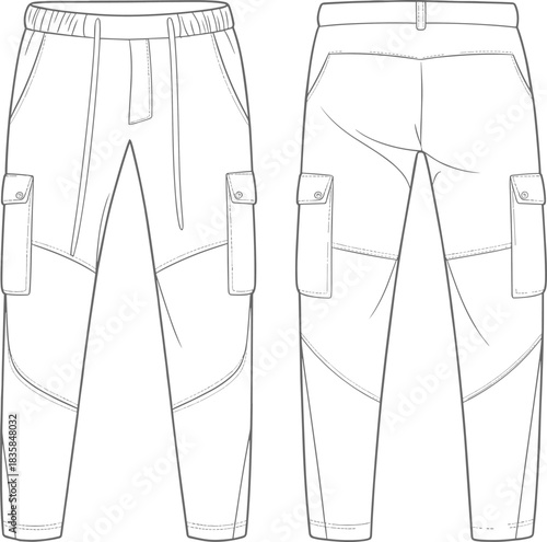Cargo pants flat sketch, technical fashion drawing, front and back view, vector apparel template, modern jogger trousers design, detailed garment illustration