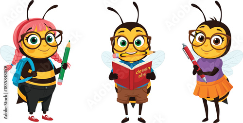 Cartoon bees students, school supplies, education concept, cute insect characters, learning illustration, children’s book design, classroom theme, academic study, vector artCartoon bees students