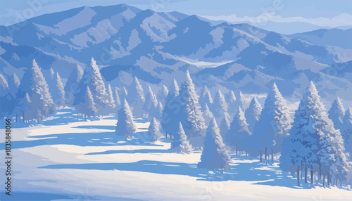 A beautiful vector illustration depicting a serene winter landscape with snow-laden evergreen trees and majestic snow-capped mountains.