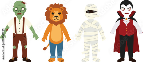 Cartoon zombie, lion costume, mummy character, vampire illustration, Halloween party kids, spooky dress up, funny monsters, costume design, vector art, holiday celebration