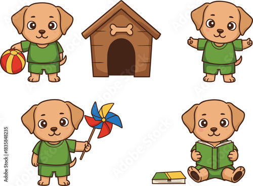 Cute cartoon puppy character in green outfit, playing with ball, pinwheel, reading book, doghouse scene, children education, playful illustration