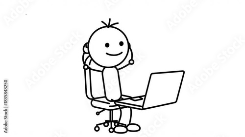 Smiling Stick Figure Character Sitting On Office Chair Typing On Laptop Computer Isolated On White Background