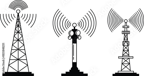 Communication tower illustration, radio signal transmission, wireless technology, broadcasting antenna, telecom infrastructure, digital network, signal 