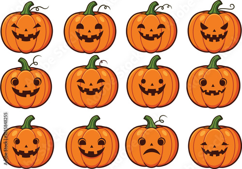 Cartoon jack o lantern pumpkins, Halloween faces, spooky expressions, funny carved pumpkins, festive orange gourds, holiday decoration, seasonal clipart illustration