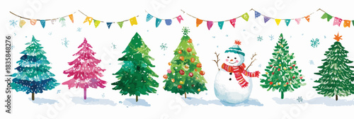 A charming watercolor vector illustration featuring a line of colorful Christmas trees, a friendly snowman, and festive bunting, perfect for winter holiday designs.