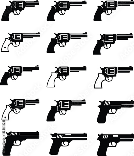 Black and white revolver illustration, handgun vector drawing, pistol silhouette design, firearm sketch collection, weapon outline graphic, gun comparison artwork