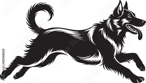Black silhouette of a German Shepherd dog running with its tongue out on a white background