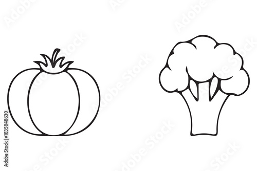 Simple line drawing of a tomato and a broccoli floret isolated on white background