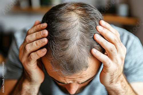 A man with thinning hair shows a worried expression while holding his head, reflecting concerns about hair loss and self-image.