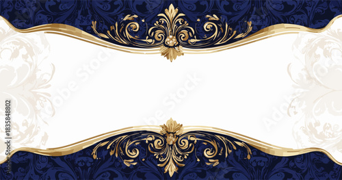 Elegant vector banner with luxurious golden baroque flourishes framing a white space on a dark blue damask background, perfect for invitations.