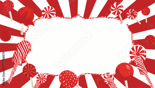 Vibrant red and white striped background with a distressed blank frame, adorned with an assortment of sweet lollipops and candies, perfect for festive designs.