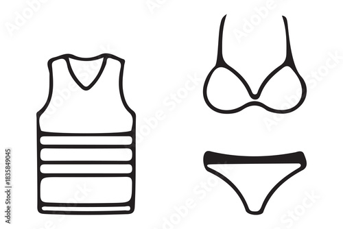 Simple line art illustration of a white tank top and a black bikini set isolated on white background