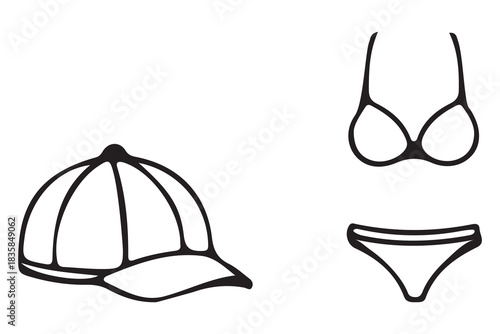Hand drawn illustration of a baseball cap and a bikini set isolated on white background