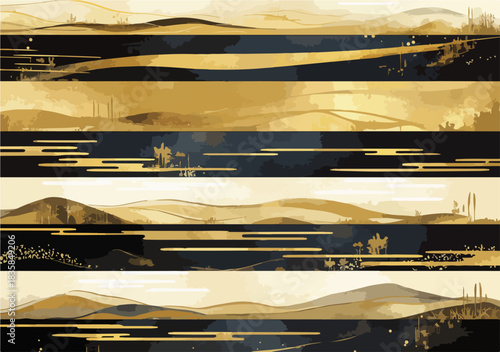 A collection of elegant vector abstract landscape banners featuring golden and black sumi-e style designs, ideal for modern artistic backgrounds and web headers.