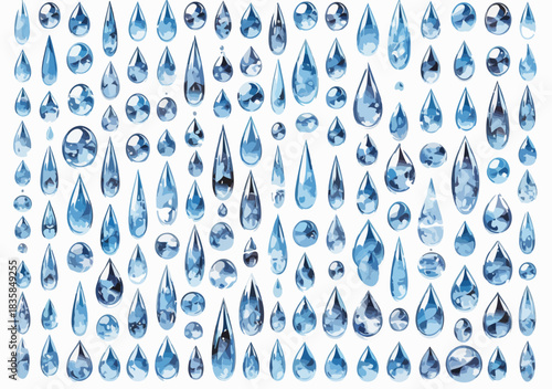 A large collection of glossy blue water droplets and clear crystal shapes, rendered as a detailed vector illustration, creating a refreshing and clean pattern.