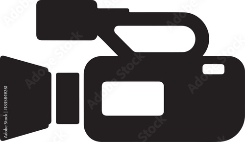 Black silhouette of a video camera with lens and handle on a white background camcorder