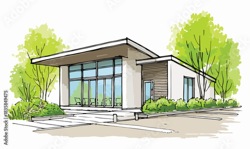 A stylish vector illustration of a contemporary minimalist building with large windows, surrounded by lush green trees and landscaping.