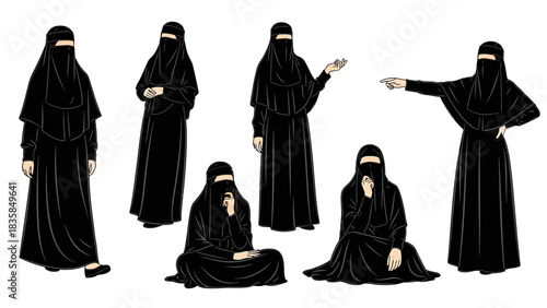 Diverse set of Muslim women wearing black niqab and abaya poses perfect for cultural representation
