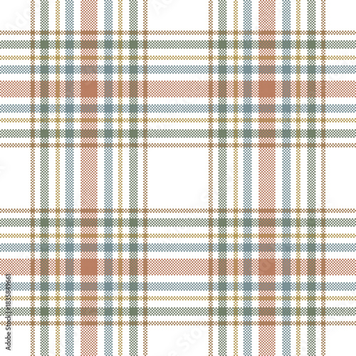 A soft, neutral plaid pattern on a white background, featuring narrow bands of muted olive green, dusty blue, and terracotta/rust, creating a vintage or gentle aesthetic.